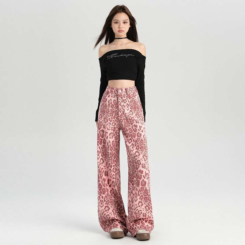2025 Pink Leopard Pattern Designer Pants Women's Printed Jeans Autumn Thin Loose Autumn New High Waist Straight Tube Wide Leg Floor Length