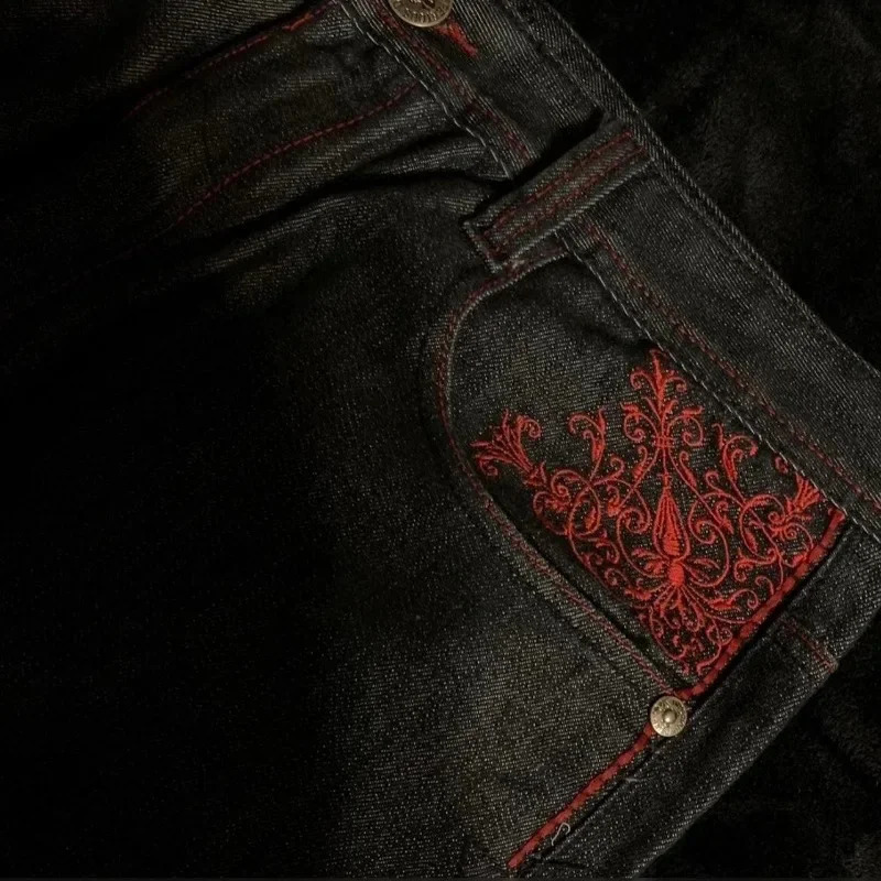 High Street Gothic Embroidered Men Black Red Pattern Y2K Waist Jeans American Retro Couple Casual Pants 251017