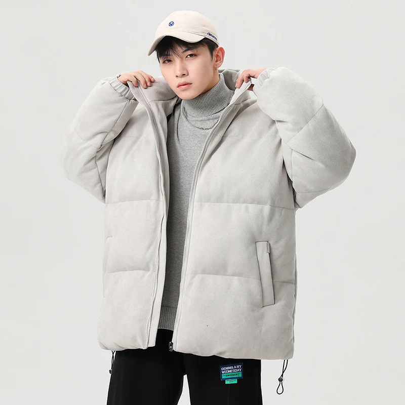 CAAYU Winter Down Jacket Mens Fashion Harajuku Oversized Fleece Coat Japanese Streetwear Windproof Outwear Gray Coat Male 251013