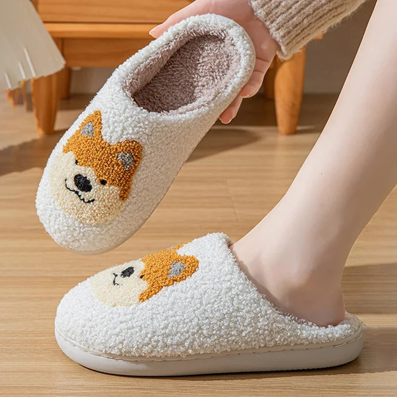 Cartoon Corgi Printed Home Slippers Women Winter Warm Soft Bottom NonSlip Plush Slippers Woman Indoor Flat Cotton Slides 251021