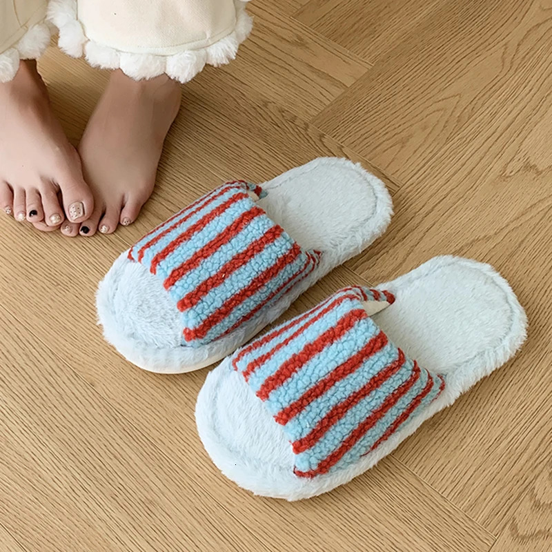 Korean Striped Fluffy Slippers Women 2025 Indoor Non Slip Open Toe Home Slides Woman Comfy Soft Sole Warm Cotton Slippers Female 251021