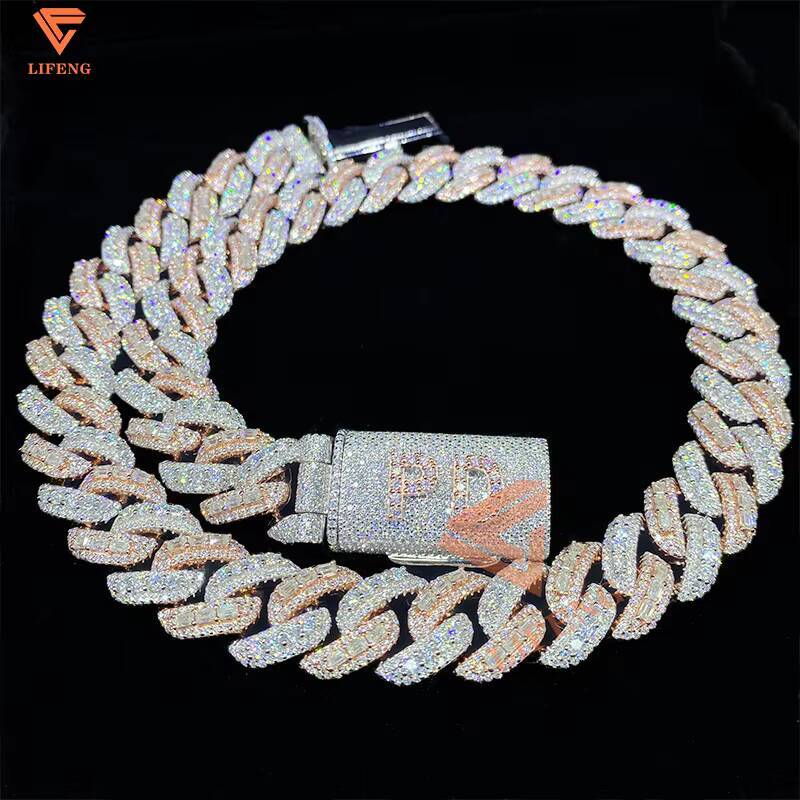 18mm Two Tone Silver Baguette Moissanite Diamond Men Cuban Necklace Pass Diamond Test VVS Moissanite Iced Out Miami Cuban Chain