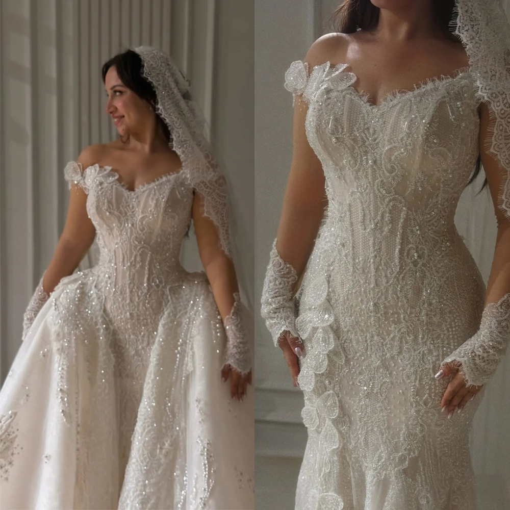 Elegant Mermaid Wedding Dress Off Shoulder Sleeveless Bridal Gowns Pearls Lace Sequins Detachable Train Dresses Custom Made vestidos de novia