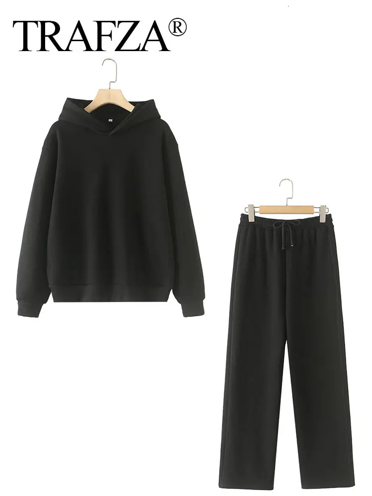 HH Women Solid Casual Sweatshirt Pant Suit Long Sleeve Hooded Fleece Pullover Coat Loose Straight Trousers Autumn Female Set 251021