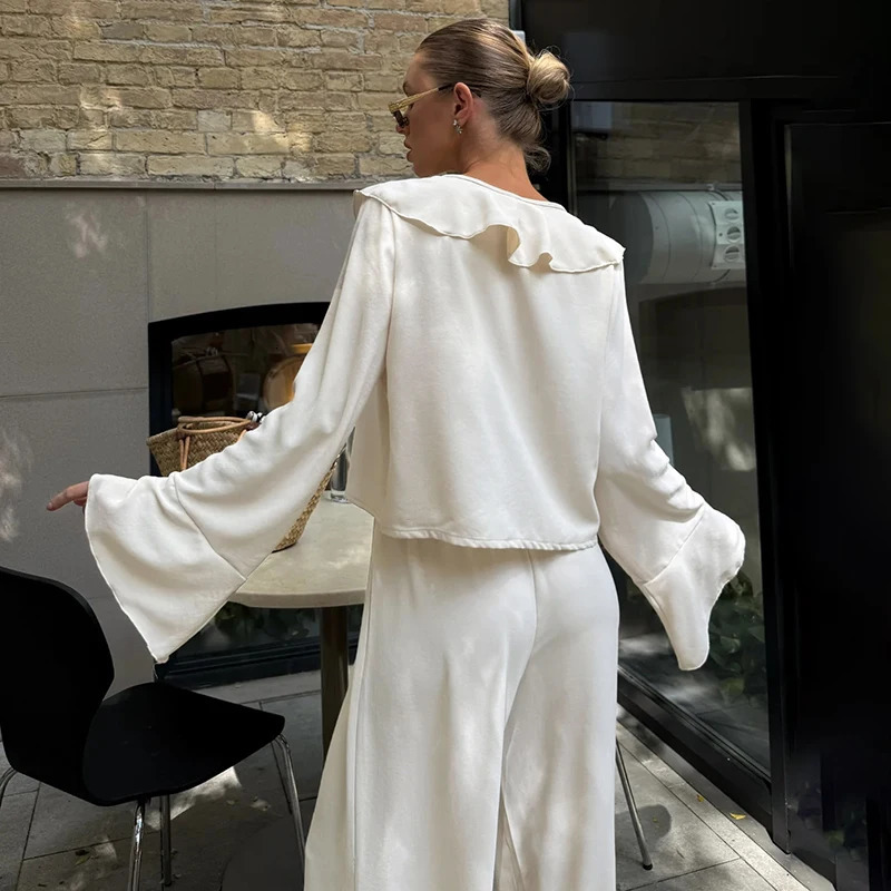 Tornova Ruffled Wideleg Pants Two Piece Set Female V Neck Long Sleeve T shirt Lace Up High Waist Loose Woman Casual Suit Solid 251013