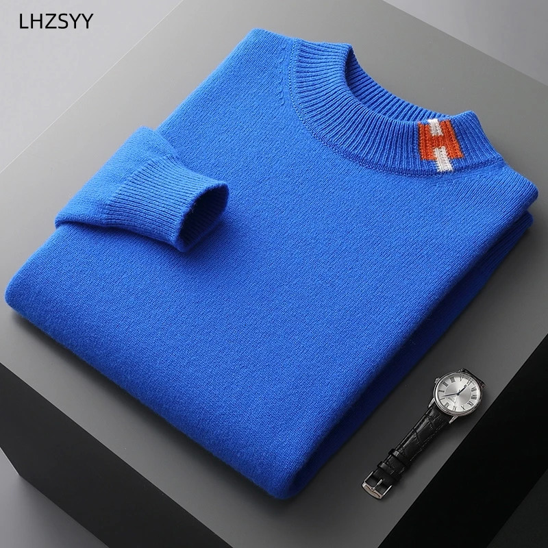 LHZSYY Mens Cashmere Sweater Autumn Winter SemiHigh Neck Pullover Warm Color Matching Knit Base Shirt Loose Thicken Jumper 251020