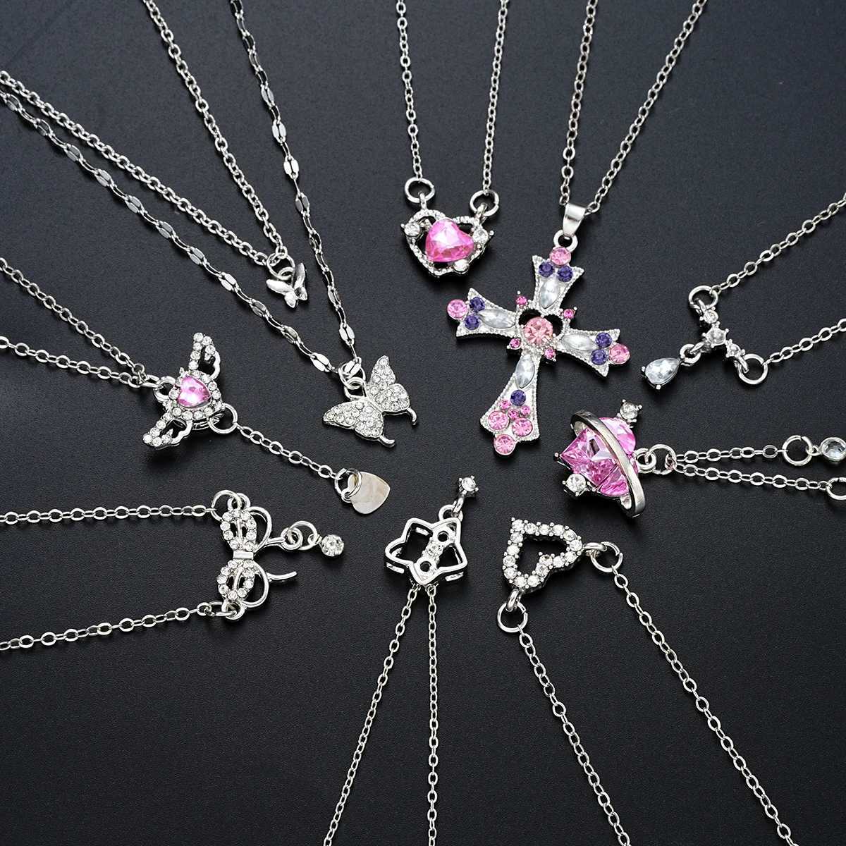 9 Pcs Womens Elegant Zircon Pendant Necklace Set Fashion Pink Color Cross Butterfly Heart Bowknot Necklaces Party Jewelry Gift XJ250717