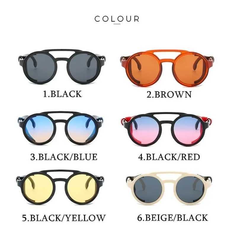 Steampunk Shields Sunglasses Men Women Classic SunGlasses With Side Leather Round Eyewear Pink UV400 Lens J251114