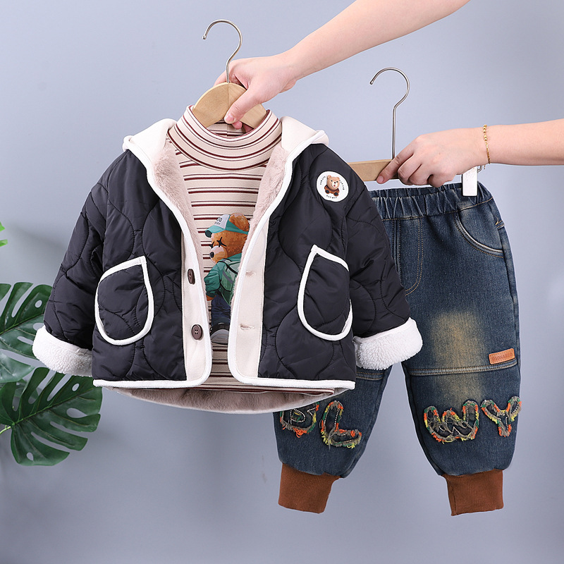 Winter Warm 2025 New Kids 3-Piece Fleece-Lined Set, Thermal Padded Cotton Outfit for Boys and Girls, Cute Winter Clothing for Babies and Toddlers