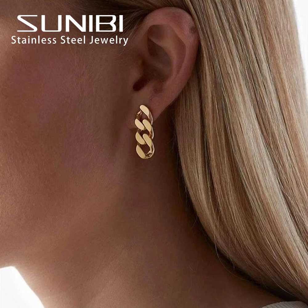 SUNIBI Fashion Stainless Steel Stud Earrings for Women Cuban Link Chain Gold Color Dangle Earrings Rock Punk Jewelry J251021