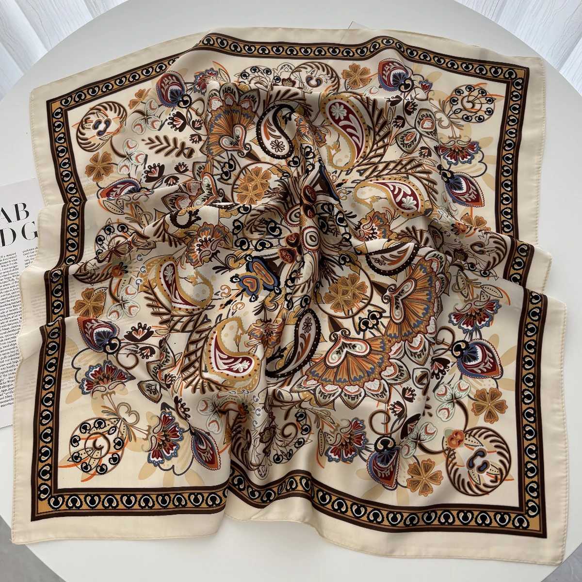 Spring Summer Lotus Print Satin Scarf Square Neckerchi for Wen Wrap Fashion Decorative Accory BandanaW251021