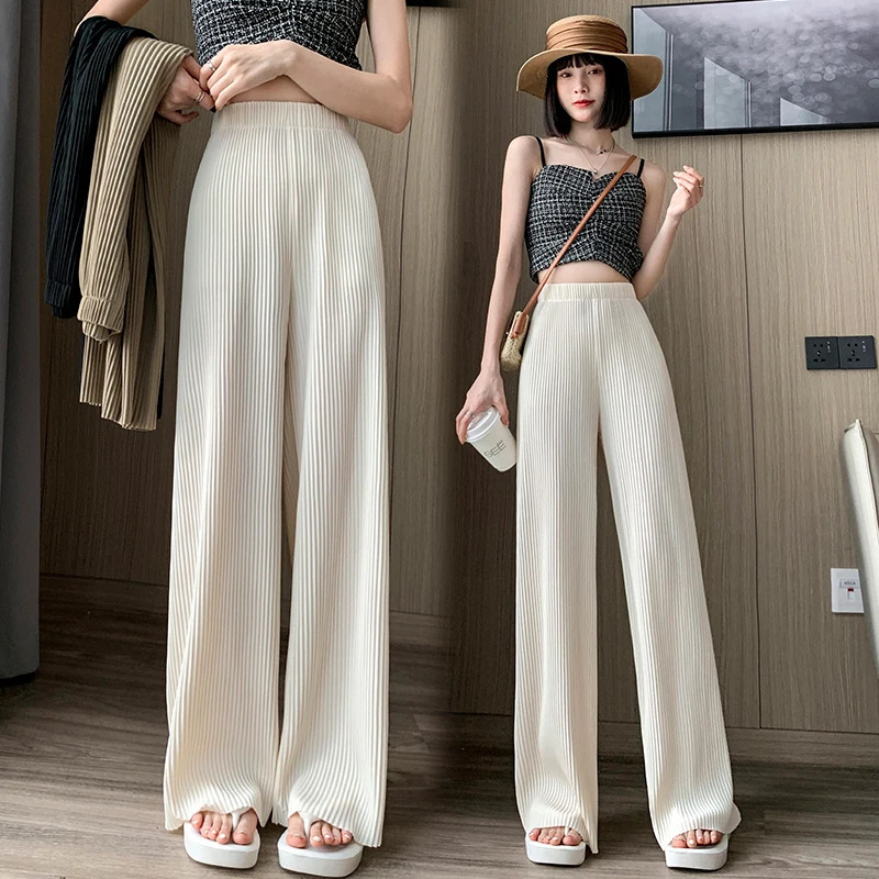 Spring Summer Ice Silk Pleated Loose Women Wide Leg Full Pant 2025 High Waist Casual Minimalism Straight Trousers for Womens 251015