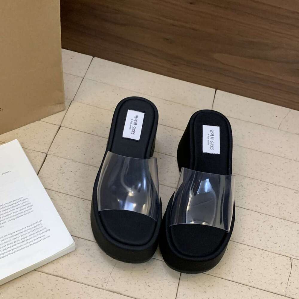 2025 Designer Shoe Summer New Fashion Thick-Soled High Heel Wedge Transparent One-Strap Sandals Slippers for Women