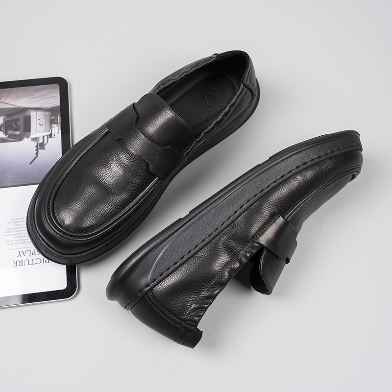 New men's business leather shoes, slip-on, genuine leather round toe, handmade, British style, lace-up, driving style