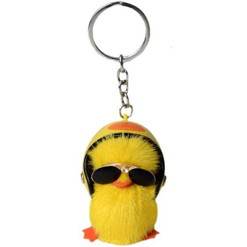 Cute Woman Keychain A Cool Duck with Helmet and Eyes Mink Hair Little Duck Plush Bag Pendant Car Keychain W251021