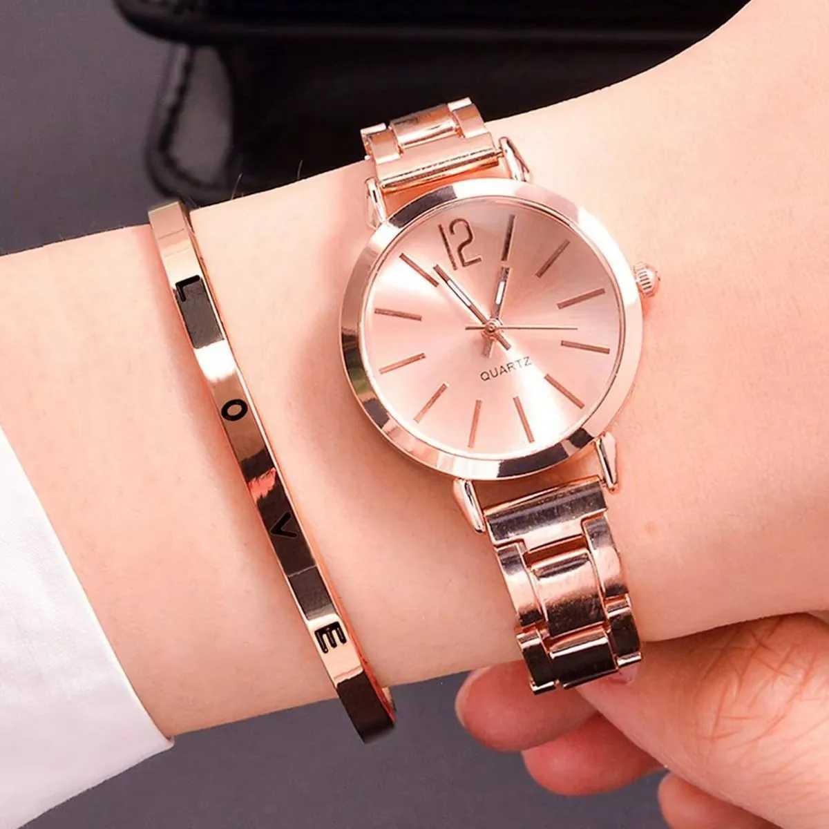 2pcs Set Luxury Women Simple Dial Hollow Str Fashion Gold Bracelet Quartz Wrist Student Ladies es Reloj MujerXJ251021