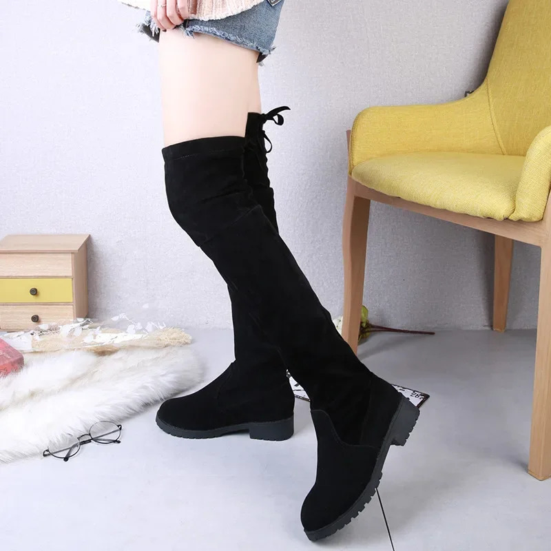 2025 Faux Suede Female Heels Autumn Winter Elastic Kneehigh Boots for Women Tube Laceup Thigh Boots Black Botas 251021