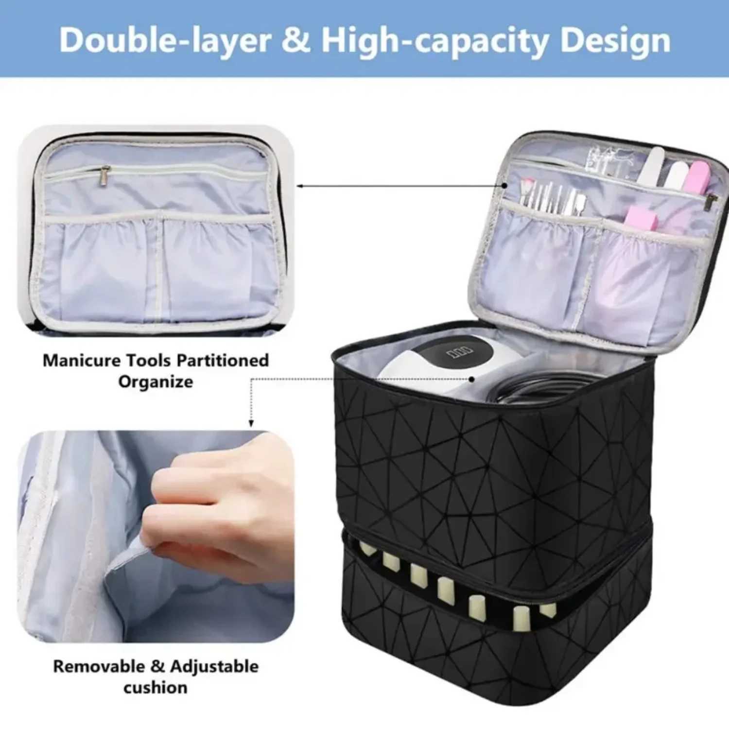 Professional Nail Case Cosmetic Organizer Bag Double Layer 30 Grids Nylon Makeup Handbag with Handle Portable Beauty Storage BagW251021