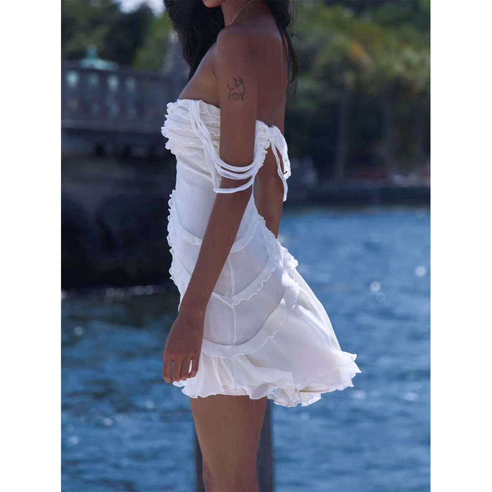 Women's Fashion Ins Mesh Slim Short Hot Girl Strapless Vacation Style Dress Summer