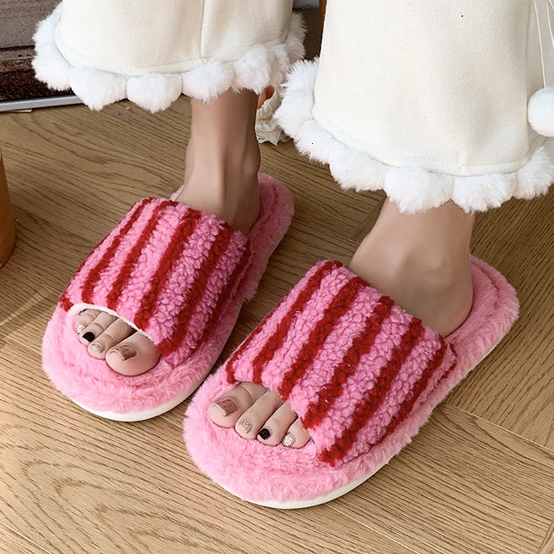 Korean Striped Fluffy Slippers Women 2025 Indoor Non Slip Open Toe Home Slides Woman Comfy Soft Sole Warm Cotton Slippers Female 251021