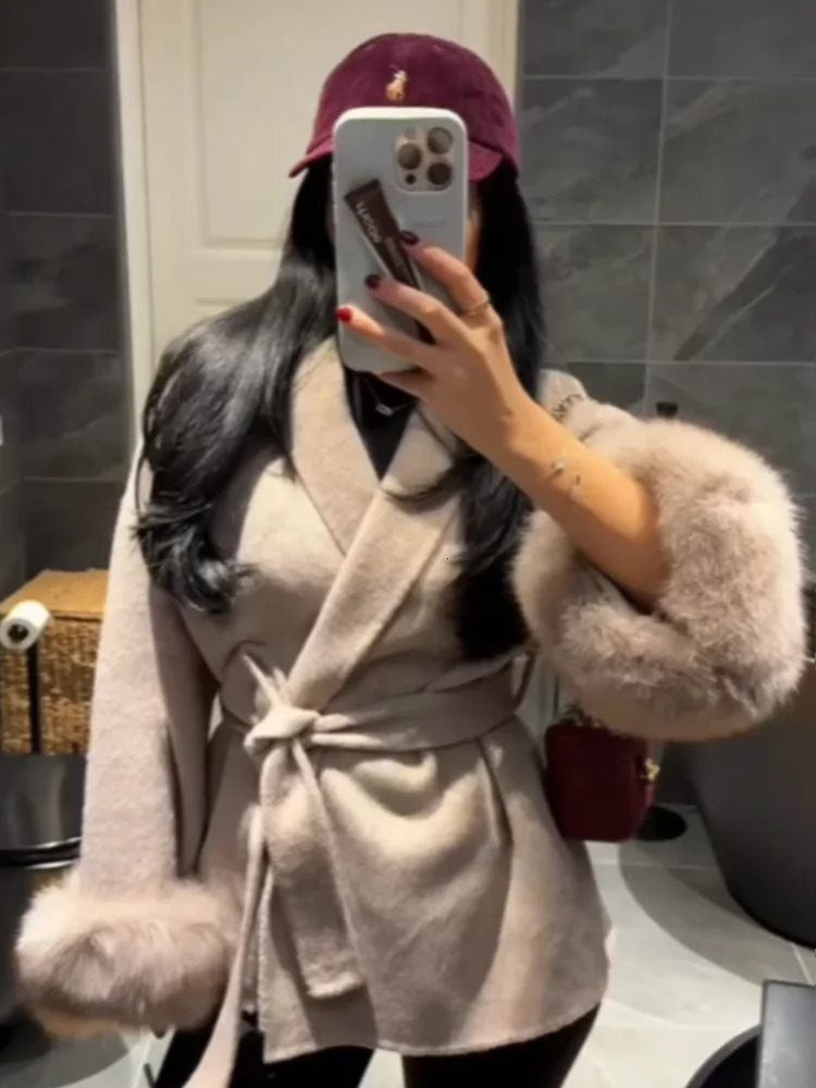 Elegant Lace Up Woolen Coats Women Solid Full Sleeve Turndown Collar Loose Thick Warm Coats 2025 Autumn Winter Outwears Lady 251021