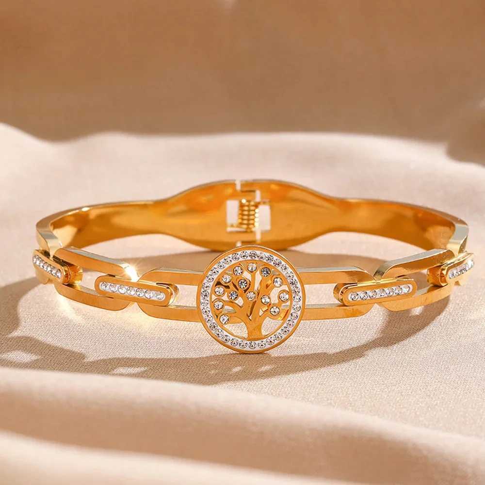 Luxury Stainless Steel Tree of Life Bracelet For Women Men Golden Cubic Zircon No Fade Color Lucky Cuff Bangle Jewelry J251021