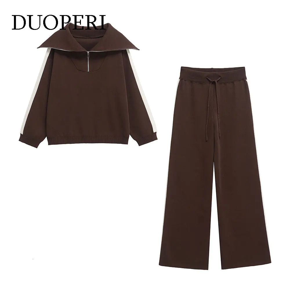 DUOPERI Women Fashion 2 Piece Sets Brown Pullover Sweatshirts High Elastic Waist Trousers Feamle Chic Lady Pants Set 251021