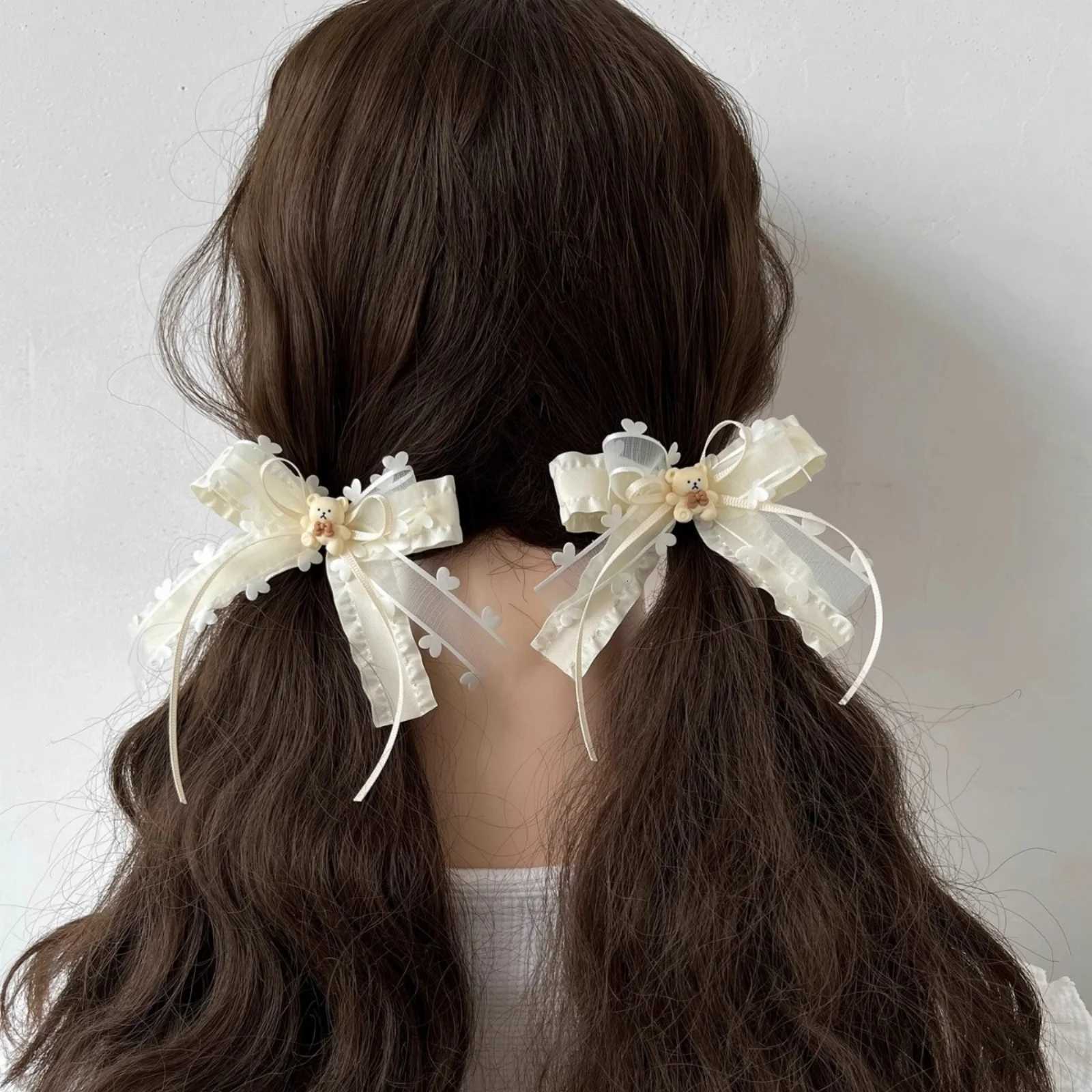 2PCS Cute Cream MultiLayer Ribbon Hair Clips Bangs and Seaside Clips Hair Rope Double Ponytail HeadwearW254021