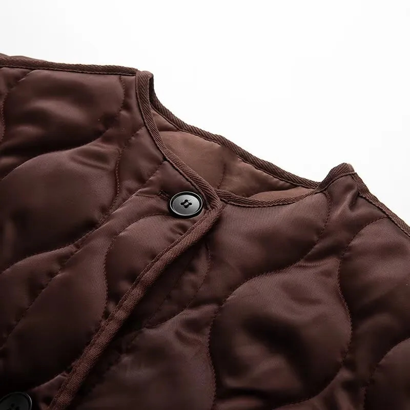 Autumn Womens Solid Color Retro Large Pocket Round Neck Long Sleeve Loose Quilted Cotton Jacket Coat 251017