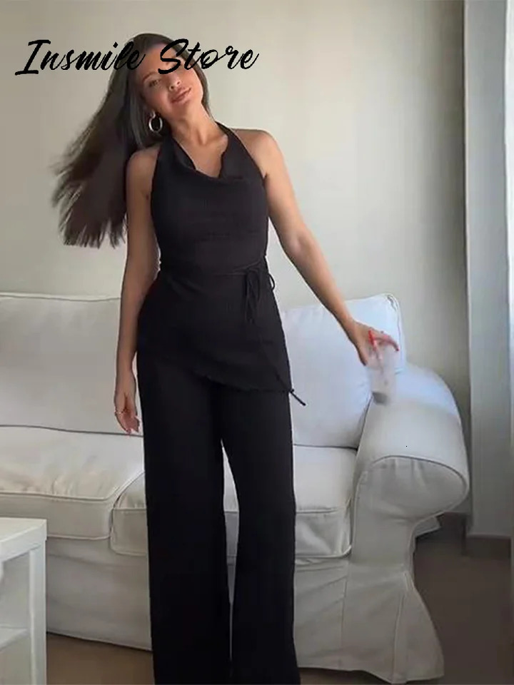Casual Solid Women Pants Suits Lace Up Sleeveless Backless Halter Top Wide Leg Pants 2025 Spring Fashion Lady 2 Pieces Sets 251013