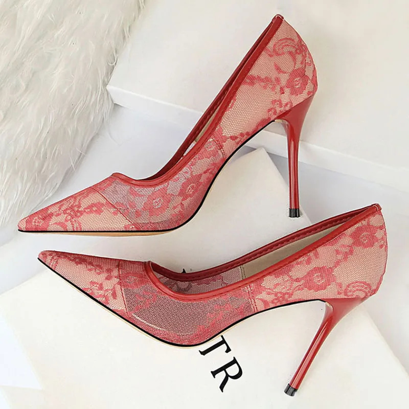 BIGTREE Shoes Mesh Hollow Lace Woman Pumps Spring Women Heels Sexy Party Shoes Thin Stiletto Heels Women Shoes 6 Colour 251017