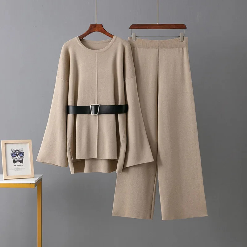 Russian Knitted Wide Leg Pants Belted Sweater Set Womens Spring Autumn Loose Fashionable Two Piece Elegant Quality 251021