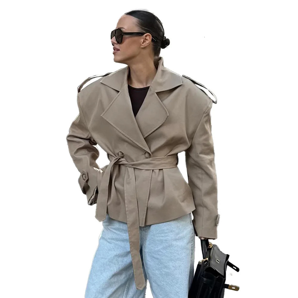 Zekye Womens Oversized DoubleBreasted Trench Coat Belted Short Length Outerwear with Wide Lapel Shoulder Details Traf 251021