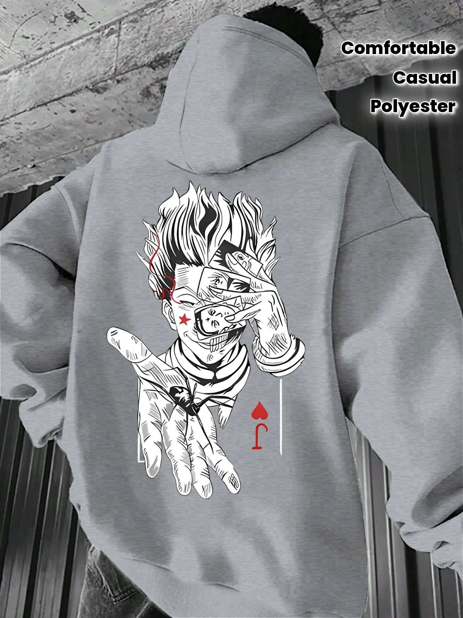 Mens Black Hisoka Hunter x Hunter Anime Hoodie with Joker Card Back Print Gothic Streetwear Pullover W251021