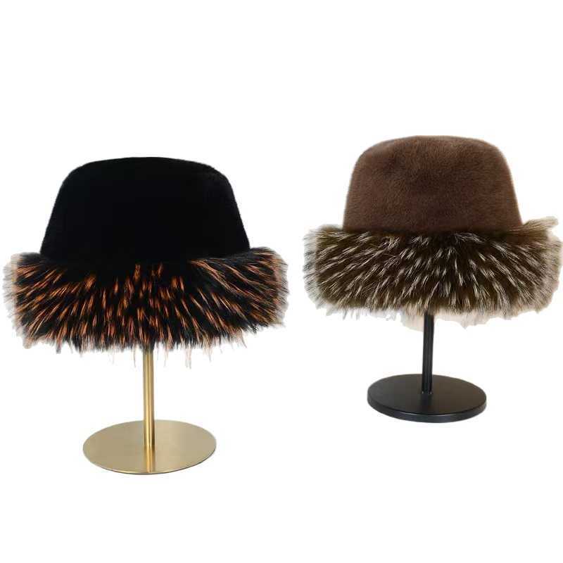 New Flat Top Hat Plush Hat Autumn Winter Thickened Warm Faux Mink Raccoon Fur Colorful Fur Tip H251020