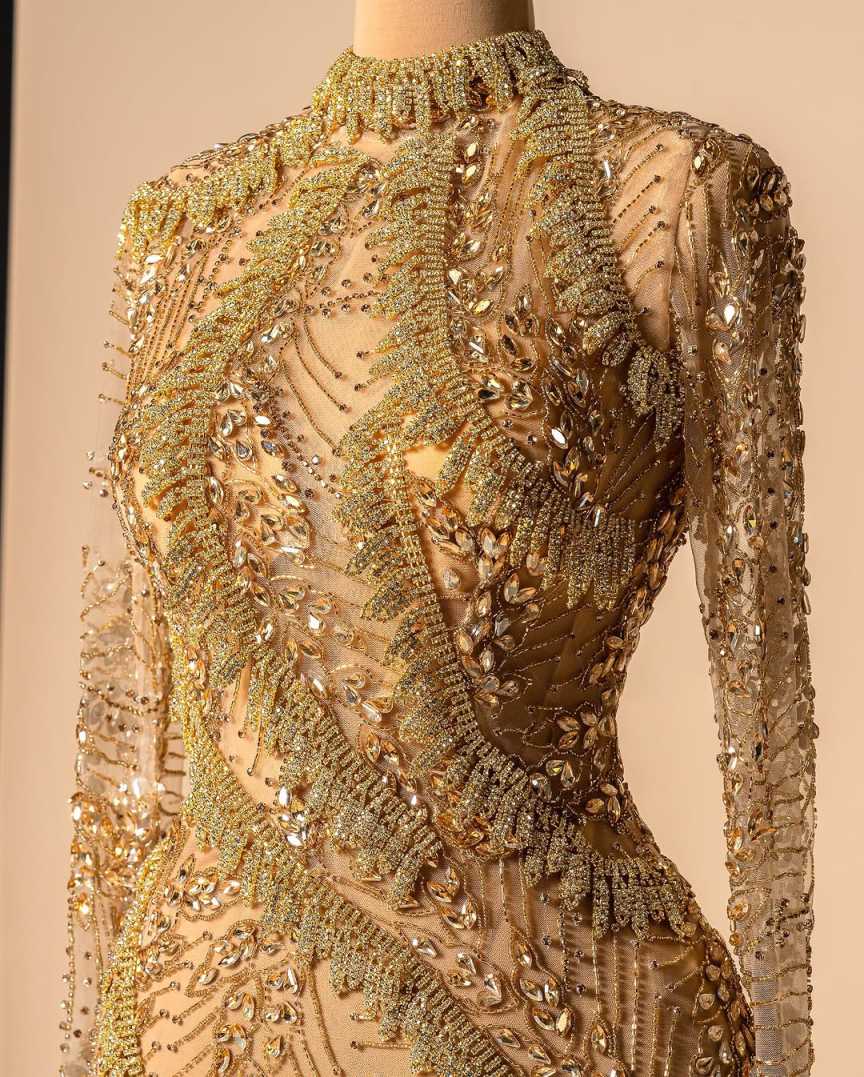 Sparkling Evening Dresses High Neck Long Sleeve Beaded Crystals Bride Gown Robe Soiree Customized Vestidos De Noche