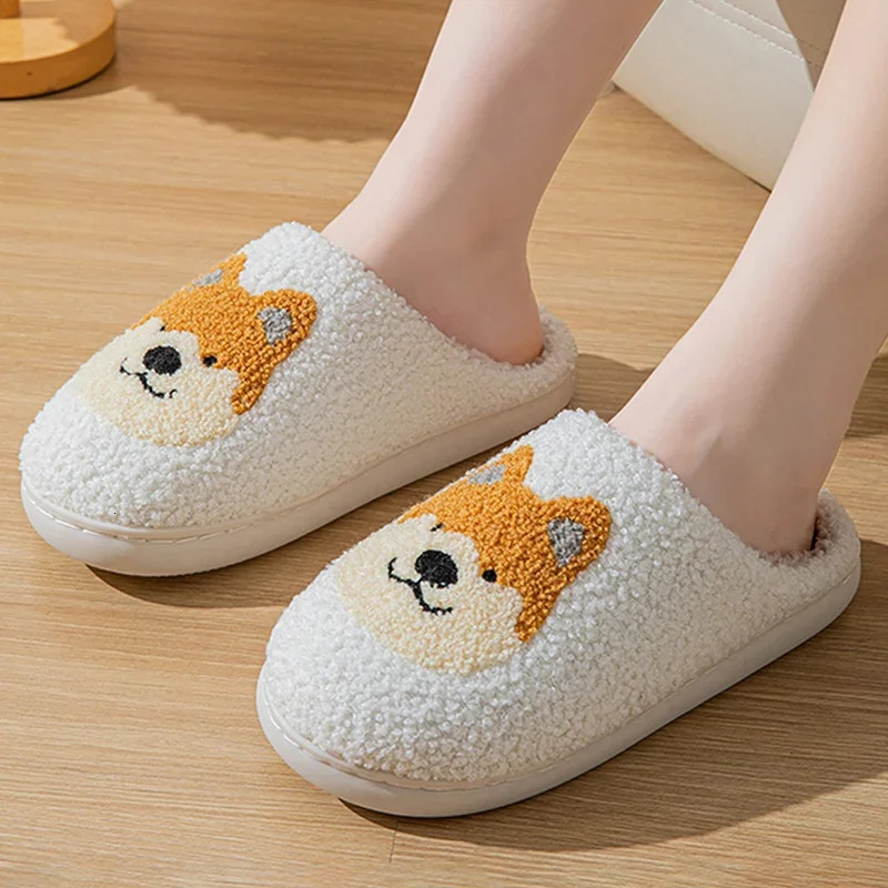 Cartoon Corgi Printed Home Slippers Women Winter Warm Soft Bottom NonSlip Plush Slippers Woman Indoor Flat Cotton Slides 251021