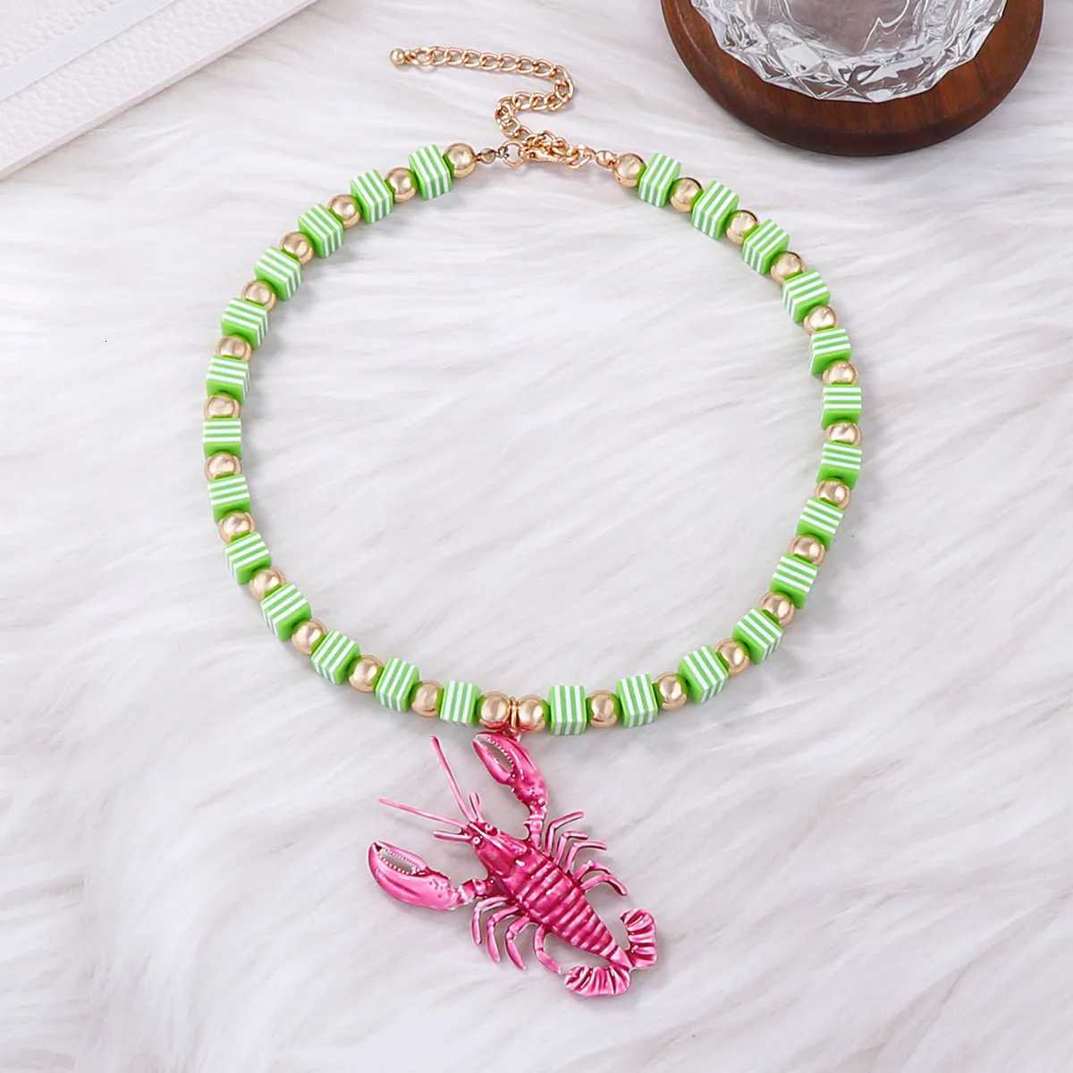 Trendy Bohemian Beach Colorful Handmade Beaded Alloy Lobster Pendant Necklace XJ250717