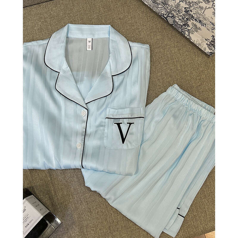 Water Blue Striped V Korean Style Sweet Women's Pajamas Autumn Winter Long Sleeve Ice Silk Comfortable Homewear Set