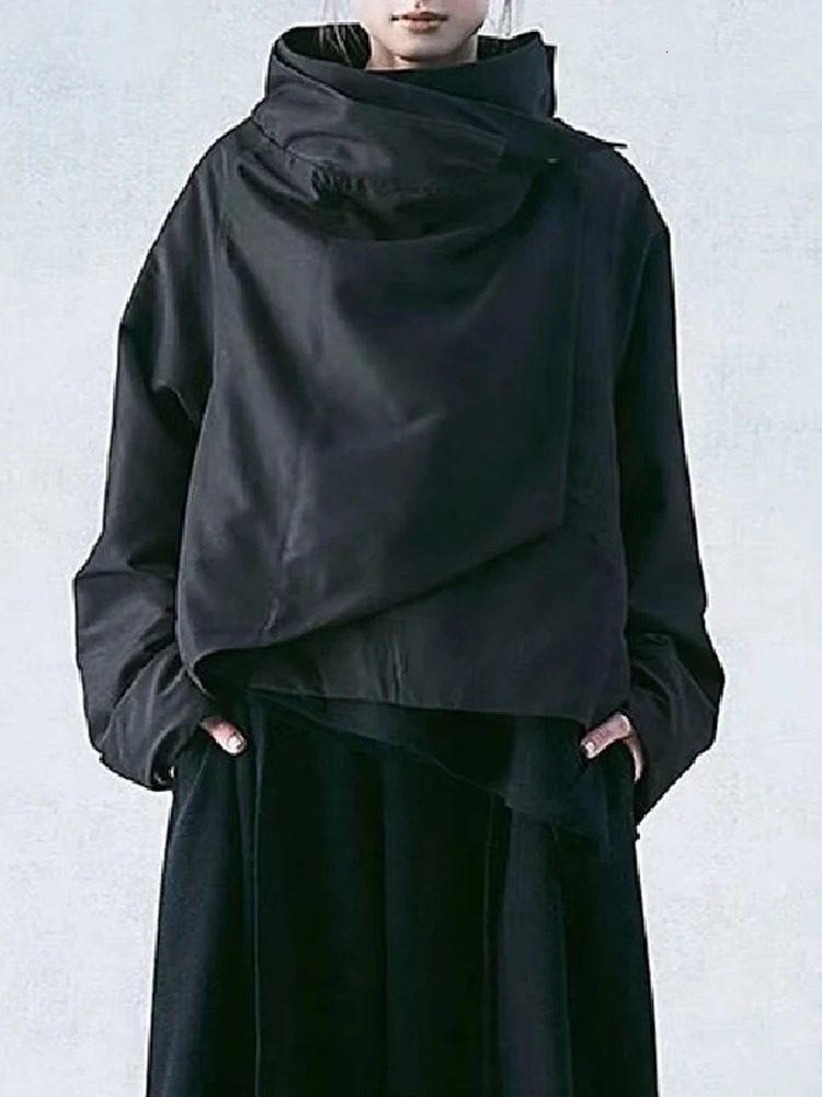 Womens Autumn Jacket High Neck Long Sleeves Loose Fit Coat Solid Color Asymmetrical Cool Outerwears for Female 251021