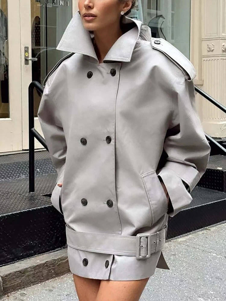 Winter Sexy Lapel Neck Double Breasted Slim Coat With Belt Women Gray Long Sleeve Button Jacket Windbreaker Evening Party 251013