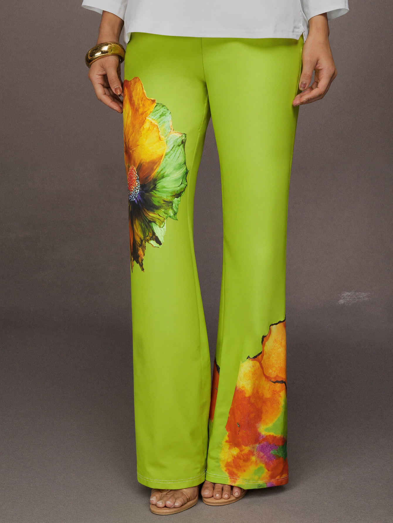 Women's Fashion Green Floral Printed Commute Casual Wide-Leg Pants, Milk Silk Versatile Trousers-CF52565