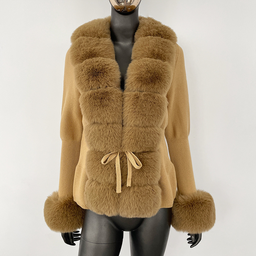 Fall Winter Women Faux Fur Coat Knitted Sweater Fur Cardigan Detachable Collar White Pink Jacket Faux Fur Coats 241106