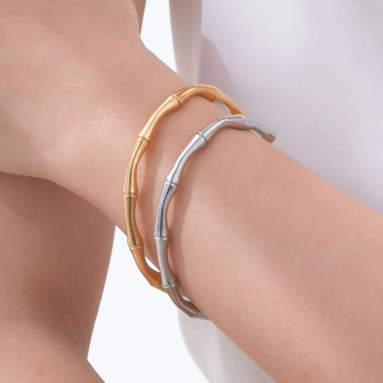Prjewel Wearresistant Stainless Steel Bracelet For Women Gold Color Waterproof Bamboo Knot Open Bracelet For Girls Party Gifts J251021