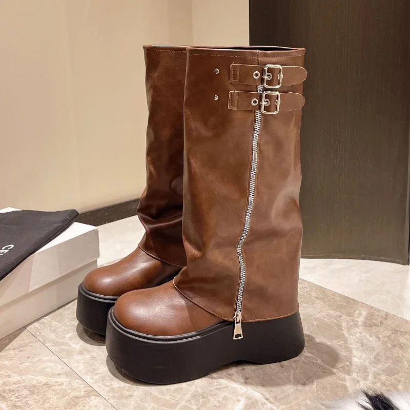 Tassel Boots for Women Retro Gothic Trend Women Boots Chelsea Mid Heels Motorcycle Boots Women Fashion Knee High Botas 251021