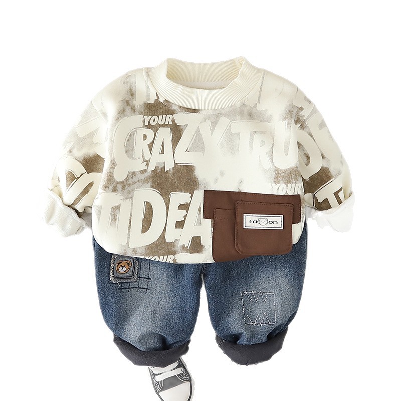 luxury kids clothing 2025 Boys Fleece-Lined Sweatshirt Set, Crewneck Jogger Outfit with Patch Pocket, Warm 2-Piece Autumn Winter Clothes