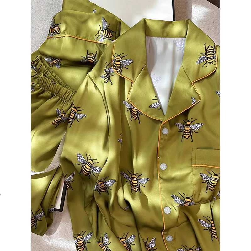 Womens 2PCS Pajama Set Pocket Silk Satin Sleepwear Spring Autumn fashion Print Pyjama Long Sleeve Pijama Mujer Pjs Homewear Y251104