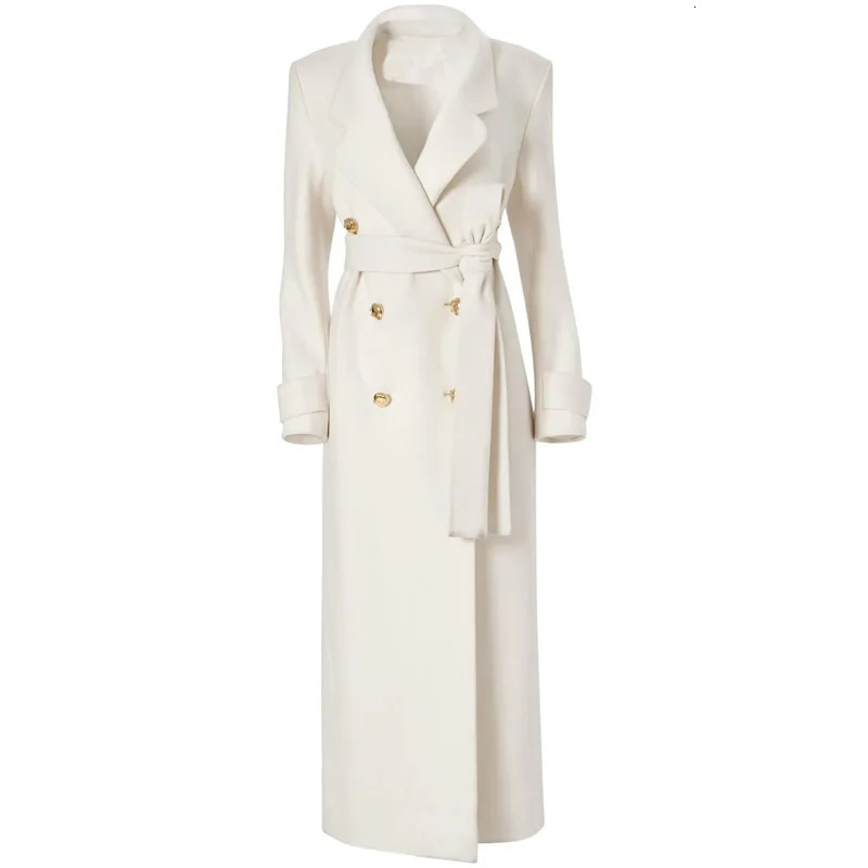 Winter Warm Women Woolen Coat Fashion White TurnDown Collar Long Wool Coat With Belt 251017