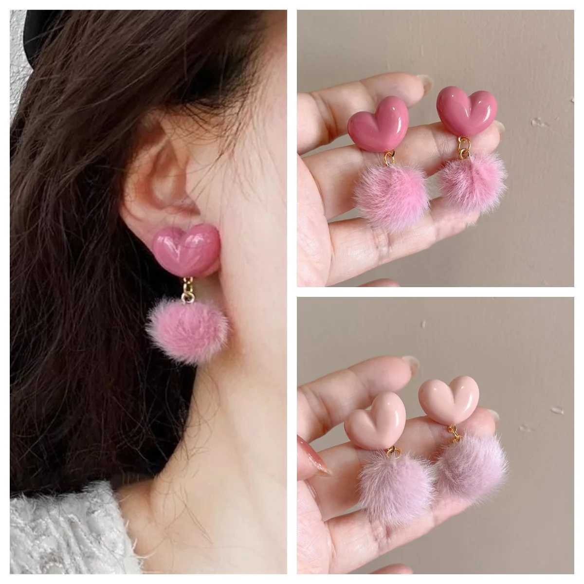 Sweet Pink Love Heart Hairball Earrings for Women Girls Temperament Furry Fluffy Ball Dangle Earring Fall Winter Kawaii Jewelry J251021