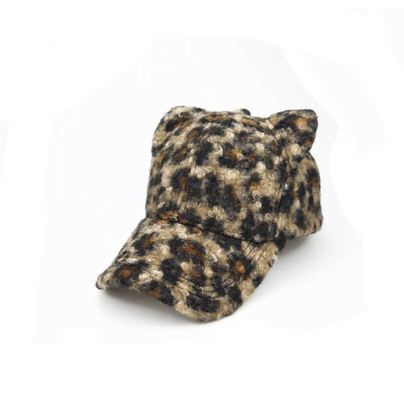 New Autumn Winter Leopard Print Terry Baseball Cap with Ears Cute Warm Versatile Street Style Fashion Duckbill Cap H251020